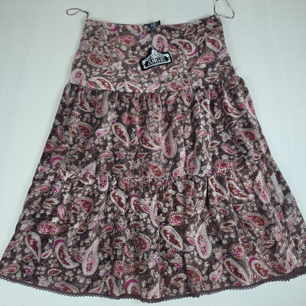 Angie Women's Paisley Tiered Boho Midi Skirt Brown Pink Rayon Size M New NWOT